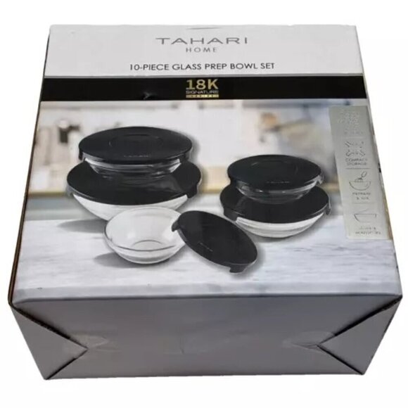 TAHARI Home Glass Nesting Prep Bowl Set Stackable 10-Pc Kitchen Cooking Baking - Picture 1 of 11